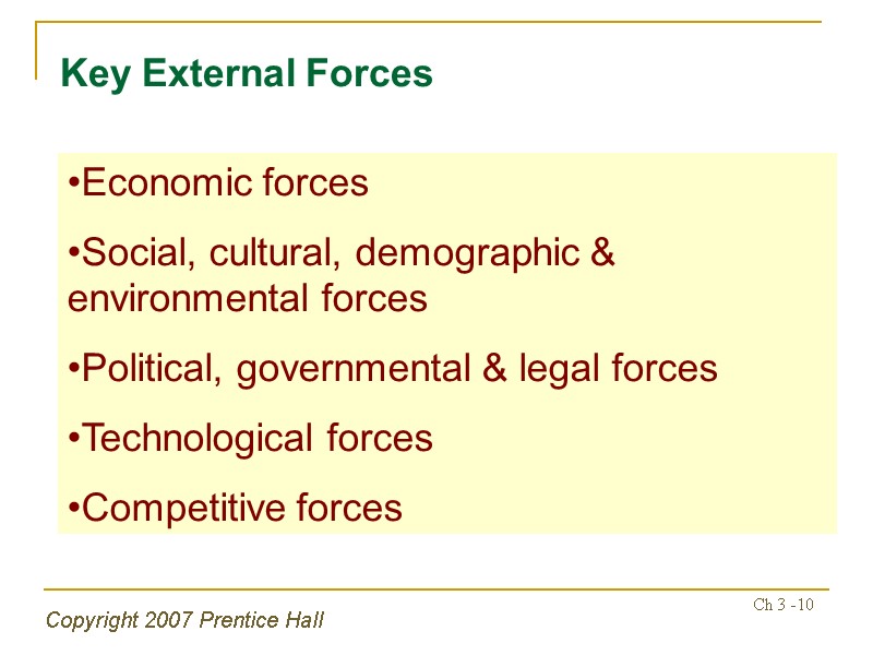 Copyright 2007 Prentice Hall Ch 3 -10 Key External Forces Economic forces Social, cultural,